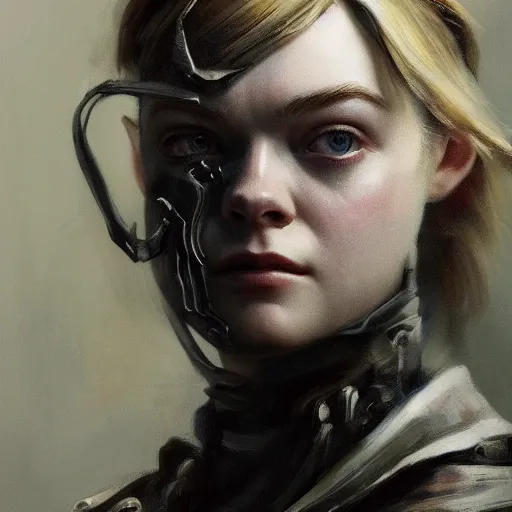 Prompt: ultra realistic medium shot head and shoulders masterpiece portrait painting of elle fanning in dishonored, cosmic horror, artstation, art by frank frazetta, 4 k, ultra realistic, highly detailed, epic lighting