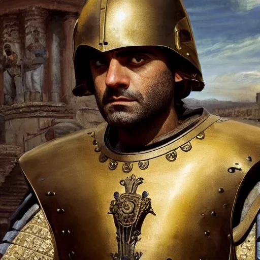 Image similar to painting of oscar isaac in armor playing achilles, ancient city in background, ultra detailed, realistic, movie poster, in the style of leonardo davinci