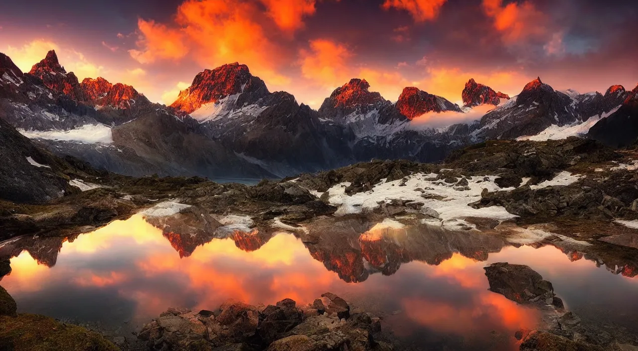 Image similar to amazing landscape photo of mountains with lake in sunset by marc adamus, beautiful dramatic lighting