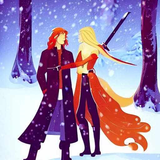 Image similar to A woman and a man are standing in the snow, the woman is leaning against the man, the man has long red hair, the woman has blonde long hair, the man has a red thick sword, the woman has a thin, long sword, a tree almost fully covered in bulky snow, concept art by Fabien Charuau, trending on pixiv, fantasy art, official art, wiccan, concept art, 4k, sharp details