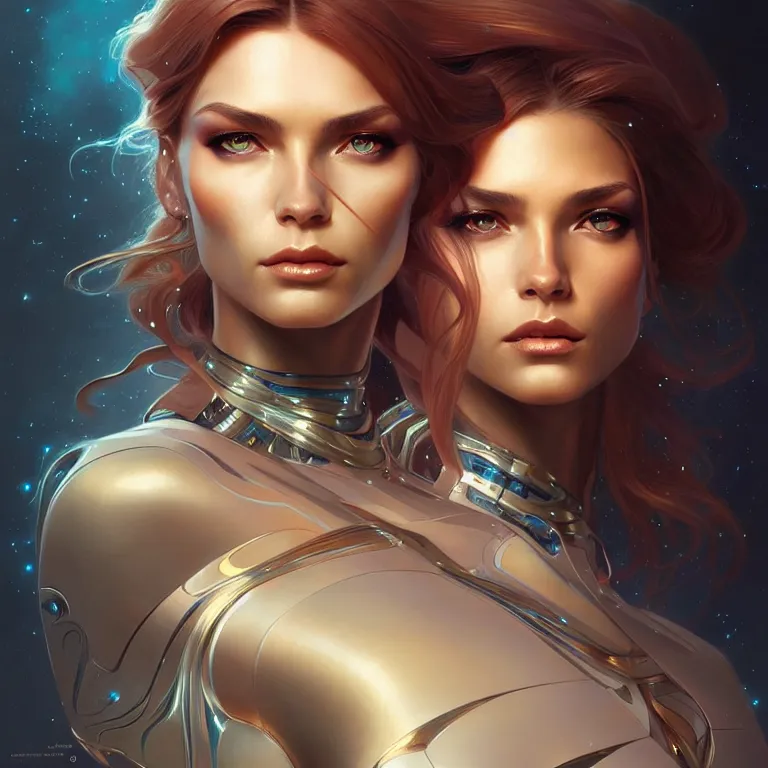 Image similar to futuristic woman portrait, sci-fi, amber eyes, face, long hair, fantasy, intricate, elegant, highly detailed, digital painting, artstation, concept art, smooth, sharp focus, illustration, art by artgerm and greg rutkowski and alphonse mucha