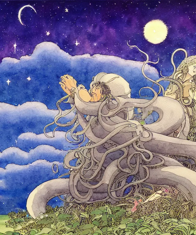 Image similar to a hyperrealist studio ghibli watercolor fantasy concept art. in the foreground is a giant long haired grey squid sitting in lotus position on top of stonehenge with shooting stars all over the sky in the background. by rebecca guay, michael kaluta, charles vess