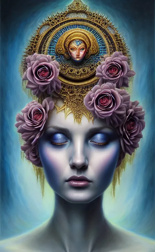 Image similar to portrait of a beautiful rose goddess, unusual beauty, esoteric, outher worldly colours, head in focus, fantasy art, ornamental rose blue aesthetics,, intricate, elegant, highly detailed hyperrealistic painting, artstation, concept art, painterly, golden ratio, sharp focus, illustration, art by tomasz alen kopera