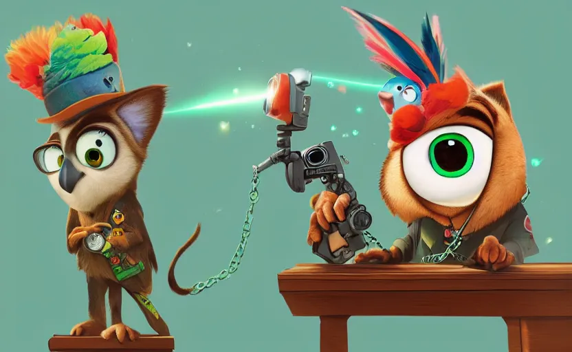 Image similar to “ one cute parrot with very big eyes, wearing a bandana and chain, holding a laser gun, standing on a desk, digital art, award winning, in the style of the movie zootopia ”