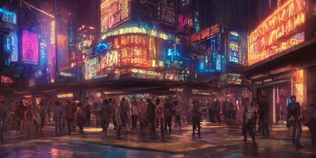 Prompt: Photorealistic cyberpunk theatre in crowded Charlottetown night. Hyperdetailed photorealism, UHD, amazing depth, glowing rich colors, golden ration, 3D octane cycle unreal engine 5, 3d shading, cinematic lighting, artstation concept art