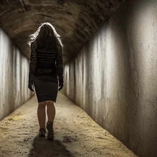 Image similar to woman explores sterile tunnels, fear and dark misery, future, cinematic