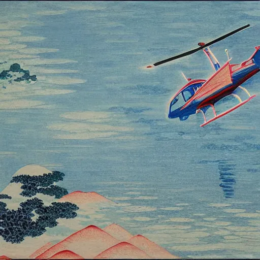 Image similar to A helicopter, fusion of Monet and Hokusai