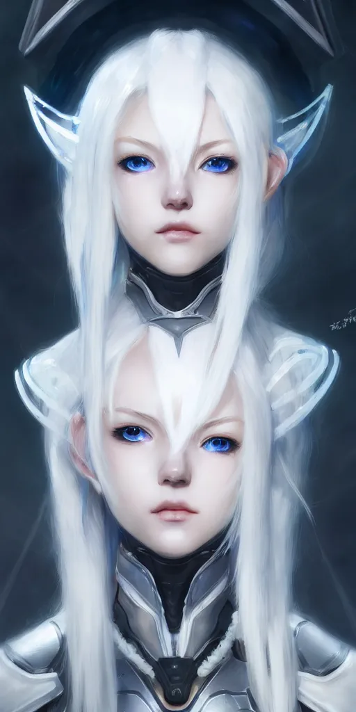 Image similar to perfect white haired girl, warframe armor, beautiful, dreamy, portrait, highly detailed, digital painting, trending on artstation, concept art, sharp focus, illustration, pretty face, blue eyes, sci - fi platform, front lit, laboratory, experiment, masterpiece, art by masayoshi tanaka, akihiko yoshida, kazuya takahashi