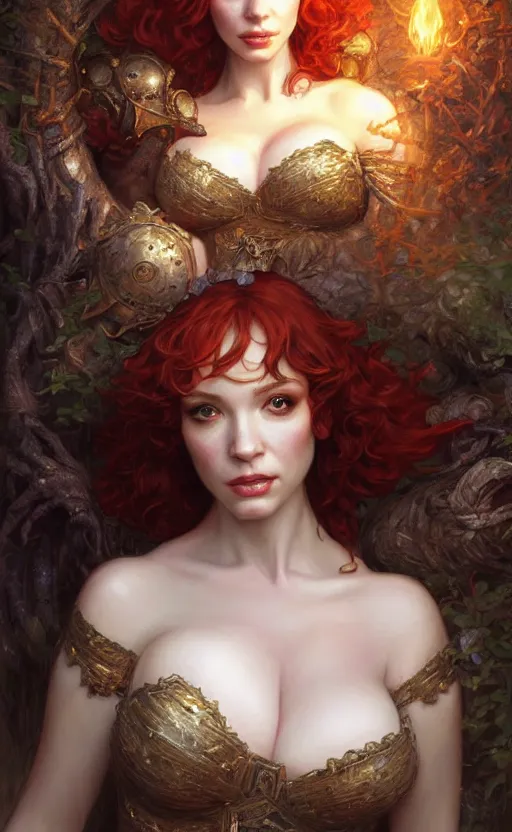 Prompt: christina hendricks, d & d, fantasy, intricate, very beautiful, highly detailed, elegant, digital painting, artstation, concept art, matte, smooth and sharp focus, rpg artwork, illustration, by rene maritte and tian zi and wlop and alsphonse mucha and artgerm and and pino daeni and dan mumford,