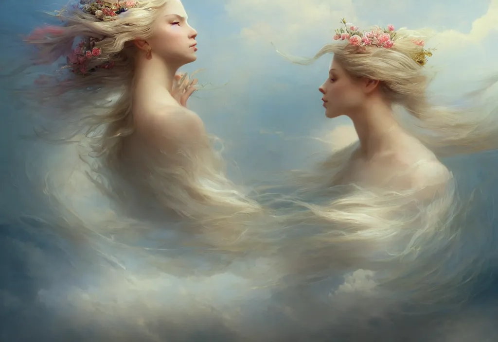 Image similar to epic portrait an beautiful goddess with long blonde flowing hair full off flowers, sweaty skin, glossy lips, beautiful, broad light, ambient occlusion, volumetric light effect, made by ivan aivazovsky, peter mohrbacher, greg rutkowski, matte painting, trending on artstation, 4 k, perfectly defined features, digital painting, wallpaper