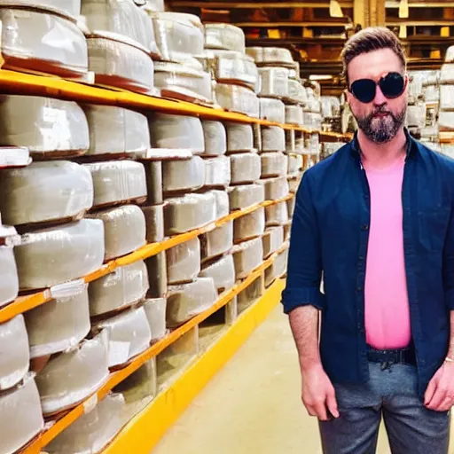 Prompt: photo of a man in a pink shirt with brown hair and a beard in a cheese warehouse, sunglasses, insanely detailed