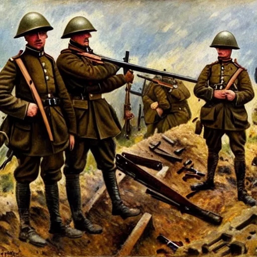 Image similar to inside a trench with a machine gun, ww 1 german soldiers stand at the ready, oil on canvas, 1 9 0 5