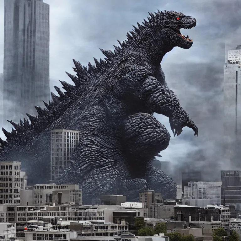 Prompt: hyperrealistic photo of Godzilla terrorizing downtown Omaha