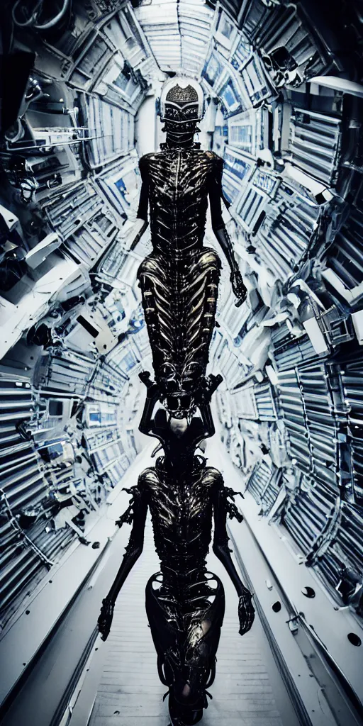 Prompt: space station, walking down the catwalk, stage, vogue photo, podium, fashion show photo, iris van herpen baroque dress, helmet on face, beautiful woman, perfect body, full body shot, masterpiece, guyver, giger, biomechanical details, denis villeneuve, legendary dragon, cinestill, bokeh, artstation