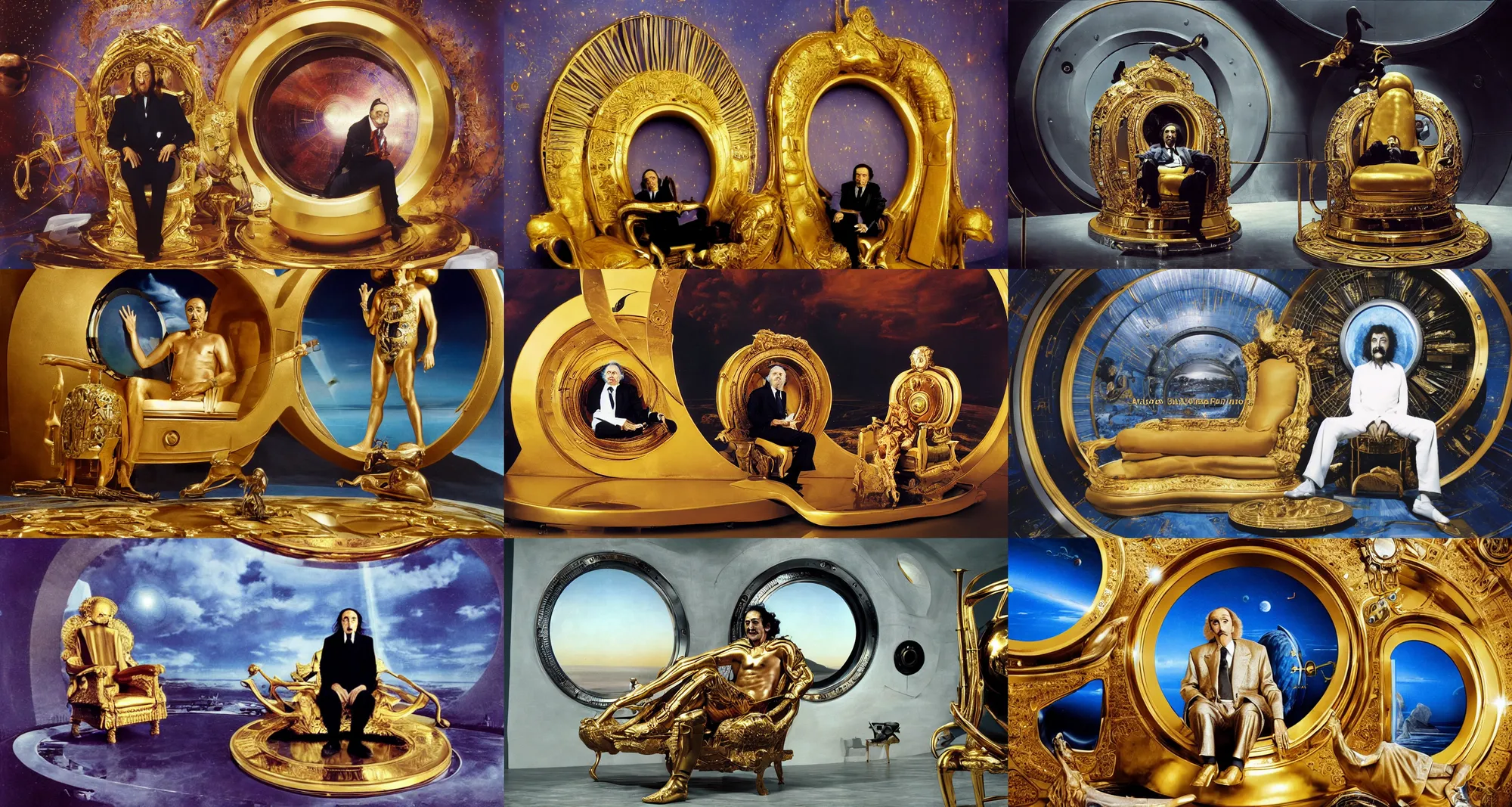 Prompt: salvador dali as emperor of universe sits on gold futuristic chair in in front of huge porthole in which is visible highly detailed planet arrakis | from the movie by alejandro jodorowsky with cinematogrophy of christopher doyle and art direction by hans giger, anamorphic lens, kodakchrome, 8 k