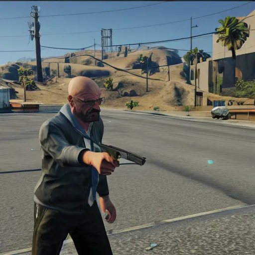 Prompt: Walter white pointing a gun at the screen, GTA 5 screenshot