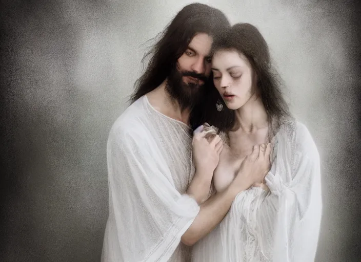 Prompt: couple, jesus hugging a woman, spirit hugs, in style of paolo roversi, britt marling style 3 / 4, a beautiful ethereal lace white robe, 8 k, soft focus, soft light, volumetric lighting, highly detailed realistic, refined, highly detailed, natural outdoor soft pastel lighting colors scheme