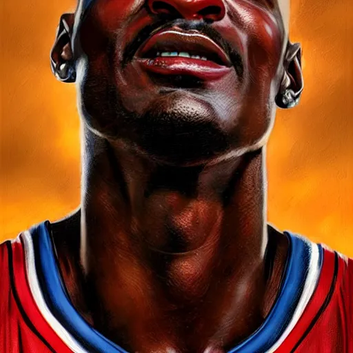 Image similar to epic portrait of michael jordan, dunking, detailed, digital painting, artstation, concept art, donato giancola, joseph christian leyendecker, wlop, boris vallejo, breathtaking, high details, extremely detailed, establishing shot, artistic, hyper realistic, octane render