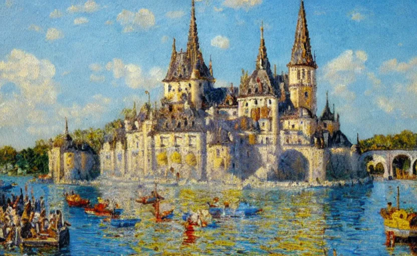 Prompt: a French impressionist oil painting of a lego castle