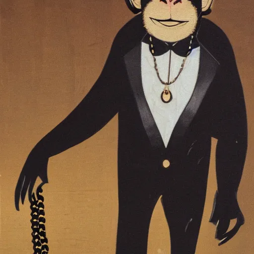 Prompt: a monkey wearing a nice black tuxedo and wearing shades and wearing gold chains around its neck, art deco, highly detailed, highly coherent, 8 k