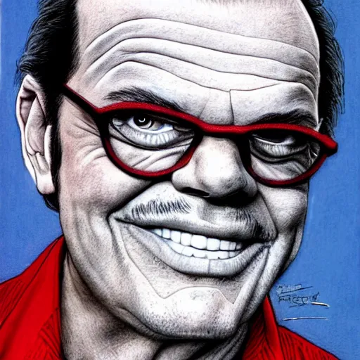 Image similar to a portrait of Jack Nicholson drawn by Robert Crumb