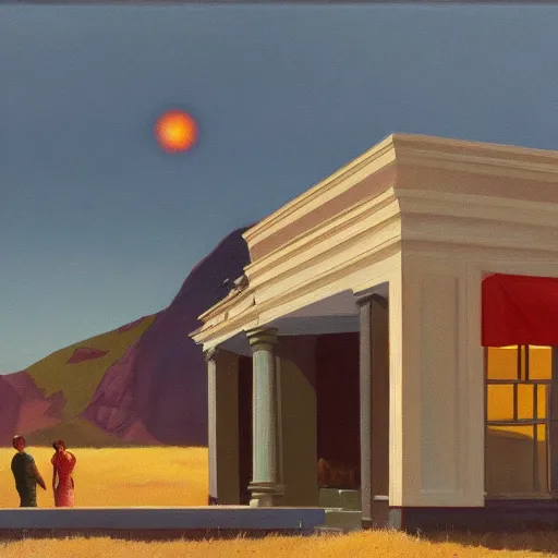 Image similar to painting of the extinction of the dinosaurs with asteroid and fire, in the style of edward hopper