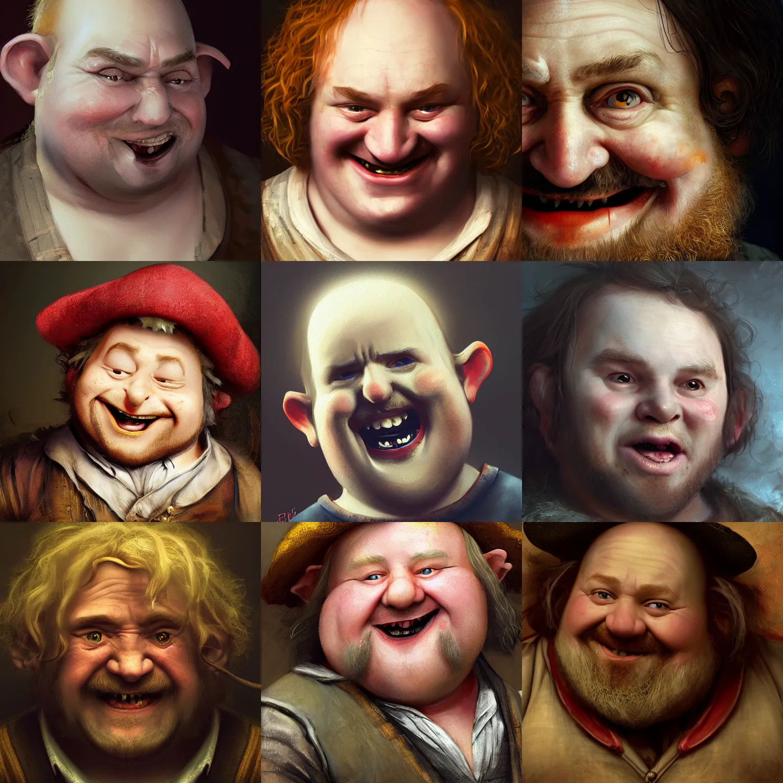 Prompt: detailing character concept portrait painting of smiley fat Red-faced drunken hobbit, art station, trending, editor’s pickup, delicate detailing by Rembrandt, 3/4 view, cinematic lighting, simple background, medium close up shot, super sharp