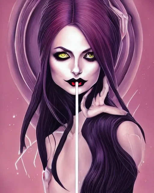 Image similar to style of kelly mckernan, artgerm : : gorgeous willa holland : : evil witch, swirling black magic, black dress : : symmetrical face, symmetrical eyes : : full body pose : : gorgeous black hair : : magic lighting, low spacial lighting : :