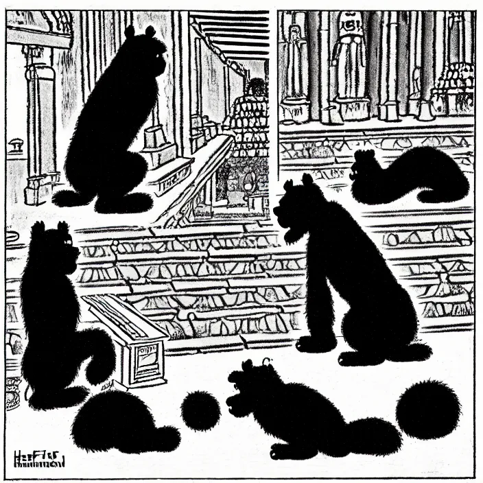 Prompt: a still frame from comic strip, two black furry hairy dogs melting in an ancient temple 1 9 5 0, herluf bidstrup, new yorker illustration, monochrome bw, lineart, manga, tadanori yokoo, simplified,