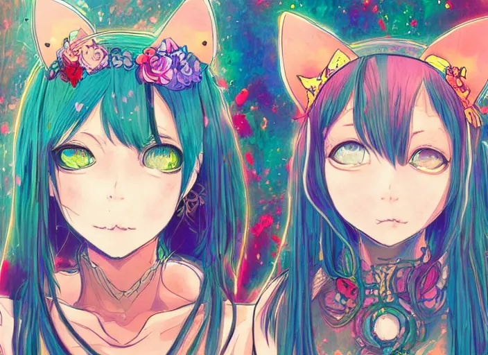 Image similar to girl with cat ears, anime style, hippie, psychedelic, lsd, digital drawing, trending on artstation, by yoshitaka amano