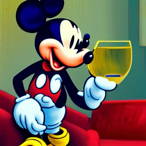 Prompt: mickey mouse holding a glass bong for smoking weed and sitting on a couch in a messed up apartment, amazing digital art, highly detailed