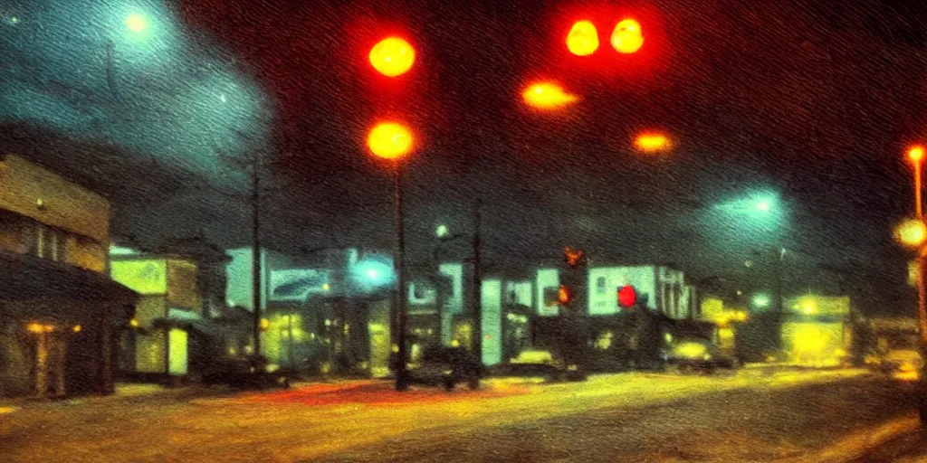 Prompt: painterly, ((messy)), ominous! landscape of north bend, washington main street, dark, lonely!! stop light glowing, twin peaks, 'lone dark figure'!!