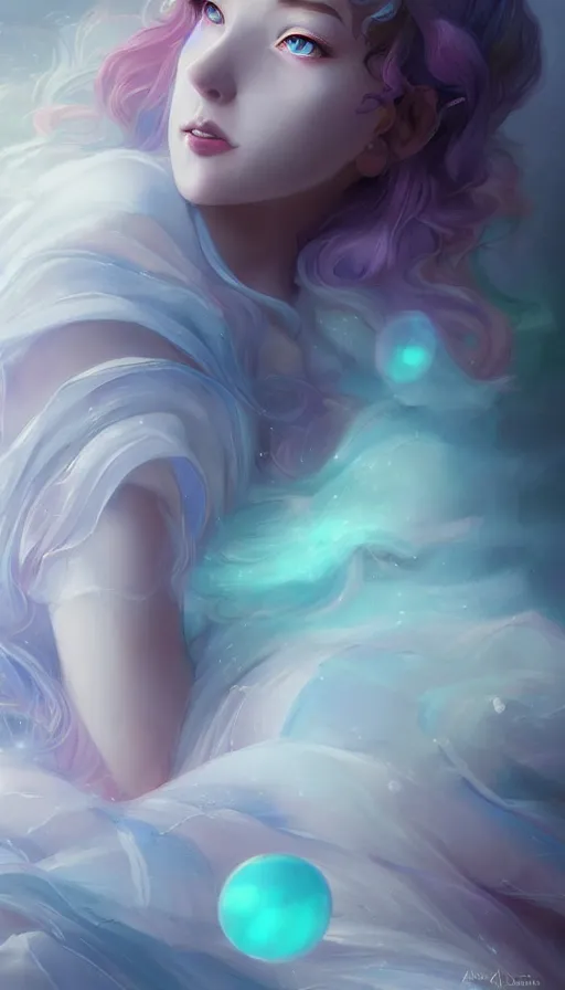 Image similar to portrait of magical ghost girl, ethereal , cloudy, transparaît, gradient white cyan, dreamy and ethereal, (colour) eyes, peaceful expression, ornate frilly dress, fantasy, intricate, elegant, rainbow bubbles, highly detailed, digital painting, artstation, concept art, smooth, sharp focus, illustration, art by artgerm and greg rutkowski and alphonse mucha