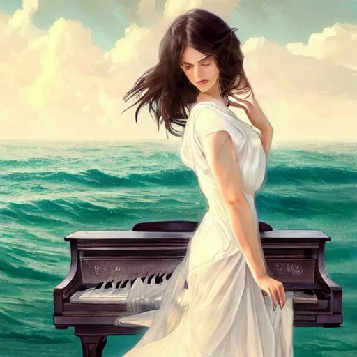 Image similar to A beautifull woman with long dark hair dressing a transparent white dress siting on a piano forte in the sea with Waves surrounding her, highly detailed, digital painting, artstation, concept art, sharp focus, illustration, art by artgerm and greg rutkowski and alphonse mucha