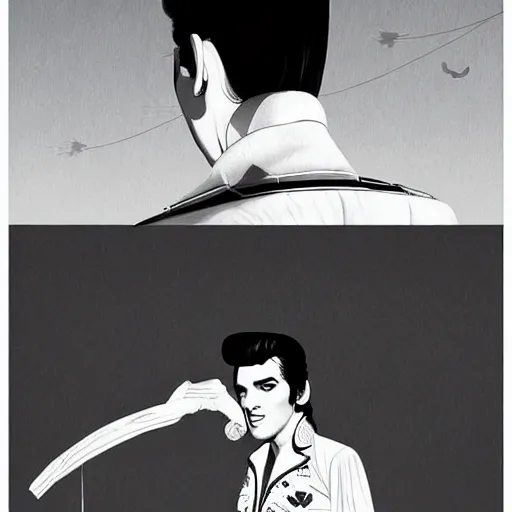 Prompt: a beautiful highly detailed matte painting of elvis presley dancing on stage by atay ghailan, cliff chiang, loish and goro fujita, black, white and pink mystical tones, featured on artstation, featured on behance, grunge aesthetic, spooky