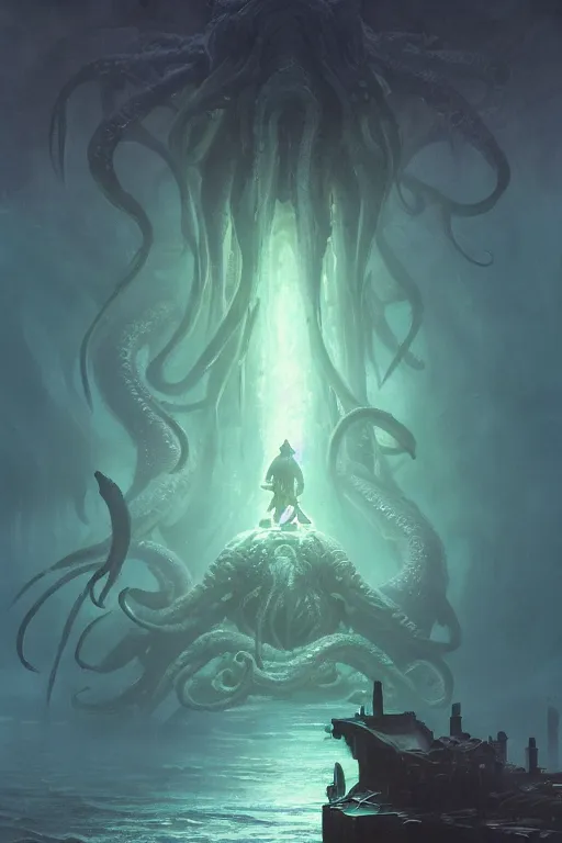 Image similar to cthulhu dreaming at the bottom of the ocean, huge, towering, gigantic, high octane, 8 k, digital art, magic the gathering, mtg, by greg rutkowski, trending on artstation