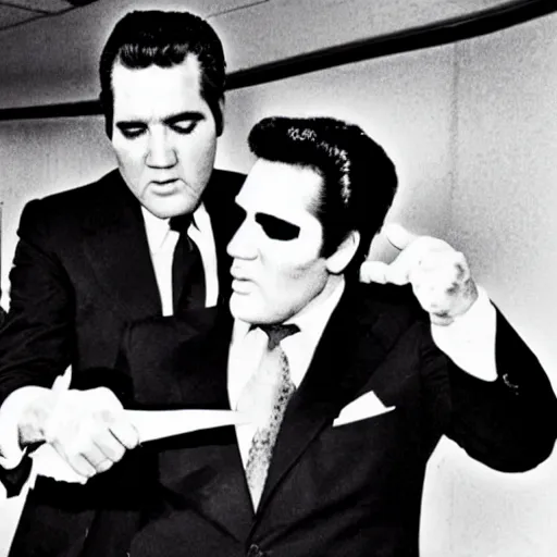 Image similar to an award winning photograph of Richard Nixon and Elvis Presley fighting crime, Life magazine