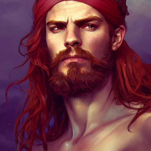 Prompt: portrait of a young rugged pirate, male, masculine, upper body, red hair, long hair, d & d, fantasy, intricate, elegant, highly detailed, digital painting, artstation, concept art, matte, sharp focus, illustration, art by artgerm and greg rutkowski and alphonse mucha