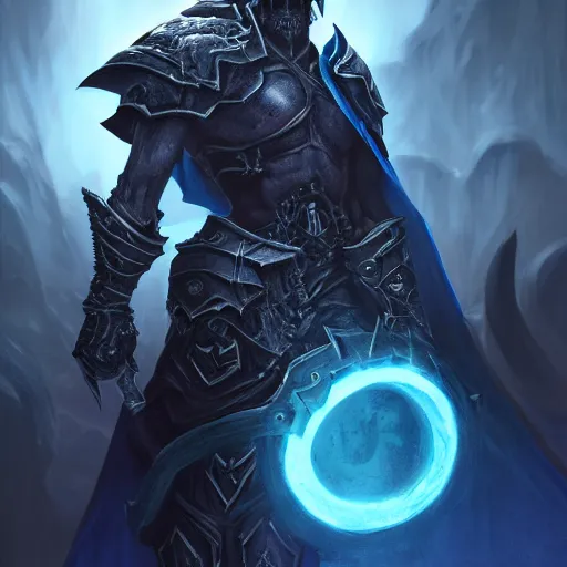 Prompt: a digital portrait painting of a death knight from world of warcraft, glowing blue eyes, matte painting, hyper realistic, very detailed, dramatic scene, realistic lighting, dark fantasy, 4 k, in the style of greg rutkowski,