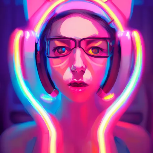 Image similar to portrait of a cute young woman with robot ears and eyes, 4k, sharp focus, neon colored fluorescent lighting, Andreas Rocha