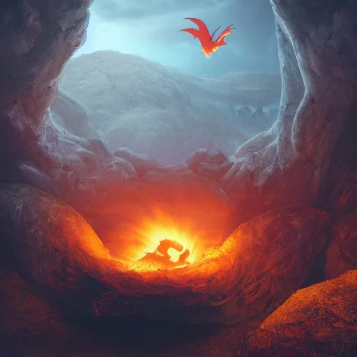 Prompt: dragon in his nest by a cavern, sunrise, ultra photorealistic, 8k, cinematic, dramatic