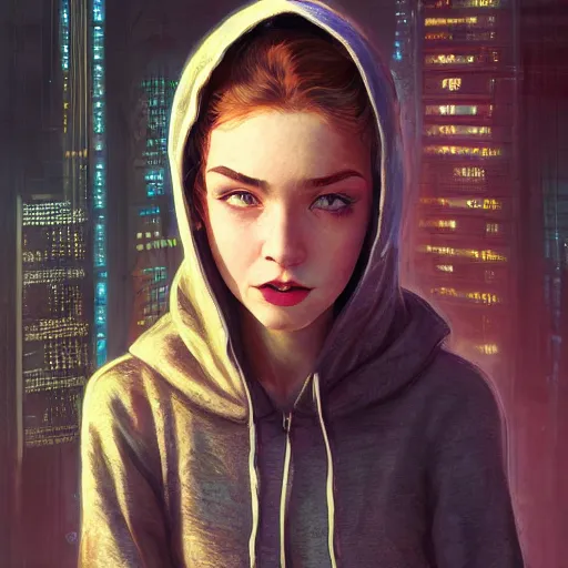 Image similar to character portrait of a 1950s teenage girl in a hoodie, dystopian cyberpunk steampunk mood, intricate, wild, highly detailed, digital painting, artstation, upper body, concept art, smooth, sharp focus, illustration, art by artgerm and greg rutkowski and alphonse mucha