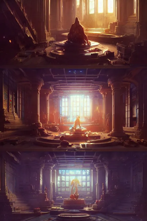 Image similar to extremely beautiful high detailed interior scene with a temple of internet. by daniel f. gerhartz and artgerm and greg rutkowski. intricate details, sci - fi details, a lot of monitors, energetic mood, golden ratio composition, trending on artstation, volumetric lighting, 4 k, 8 k