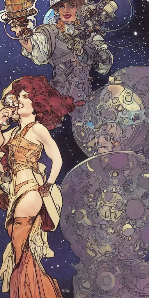 Image similar to a woman wearing outer space as a dress, pouring water from a vase into the milky way, by joe madura, by travis charest, by alphonse mucha, battle chasers.