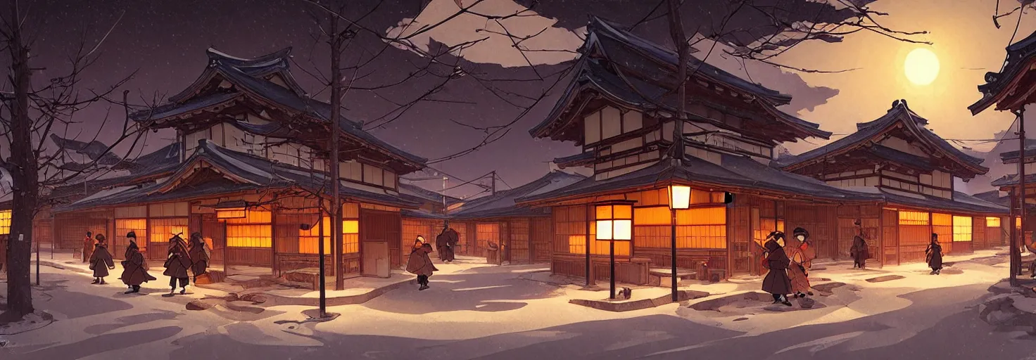 Image similar to empty rural japanese town at night, winter, in the style of studio ghibli, j. c. leyendecker, greg rutkowski, artem