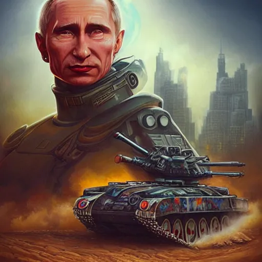 Image similar to lofi biopunk Putin crushed by Ukrainian tank, Pixar style by Tristan Eaton Stanley Artgerm and Tom Bagshaw.