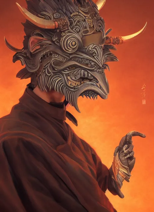 Prompt: a beautiful detailed oil on copper art illustration of a japanese tengu mask with big nose devil woman, centered, by charlie bowater, zeng fanzh, trending on artstation, dim dusk lighting, cinematic lighting, detailed lighting, volumetric lighting, realistic, f 8, 4 k hd wallpaper