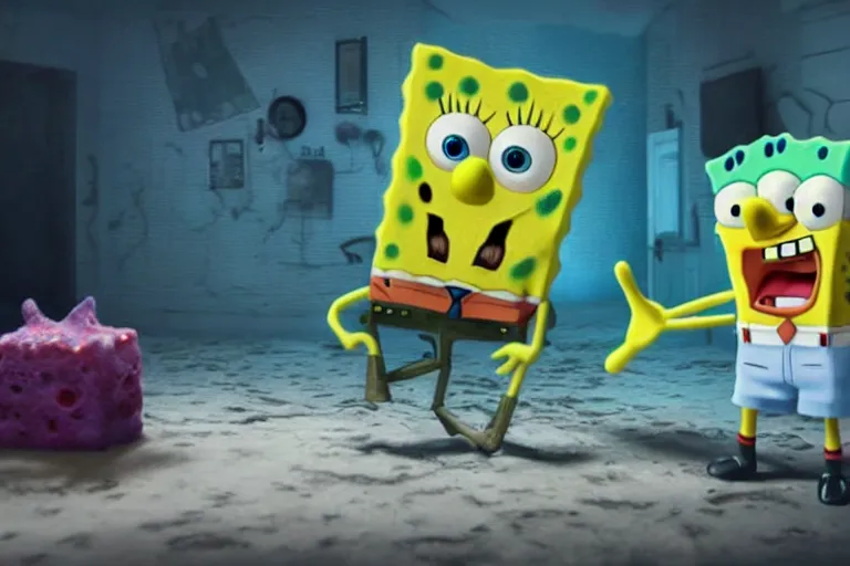 Prompt: an unreal render of a horror version of spongebob, 8 k, hyperreal, photorealism