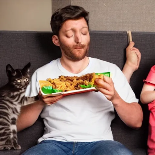 Prompt: a sad man eating taco bell with begging kittens looking at him