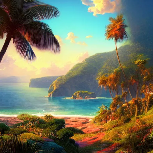 Prompt: A beautiful illustration of a breathtaking nature landscape, vivid coloes, hills, ocean, cliffs, palm trees, by Beeple, Makoto Shinkai, Thomas Kinkade, Albert Bierstadt, unreal engine, cryengine, Artstation